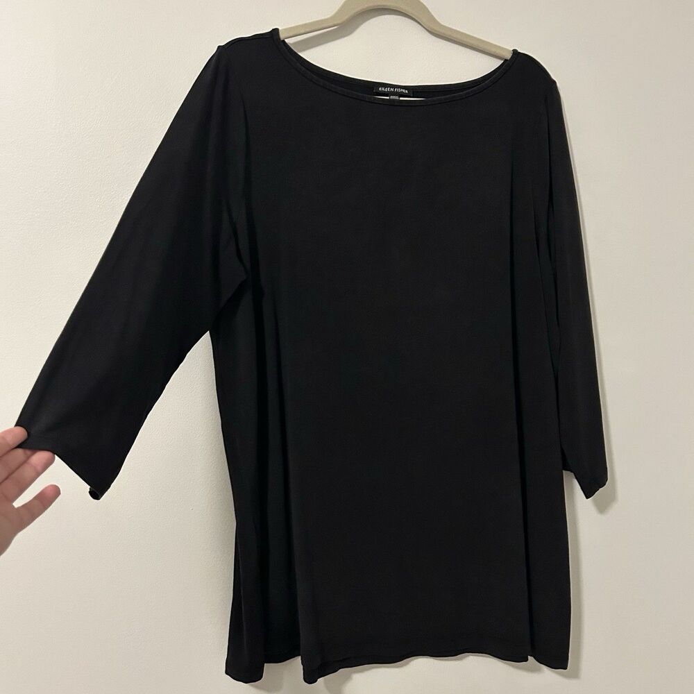 Eileen Fisher Boxy Top Shirt Black Minimalist 3/4 Sleeve - XL